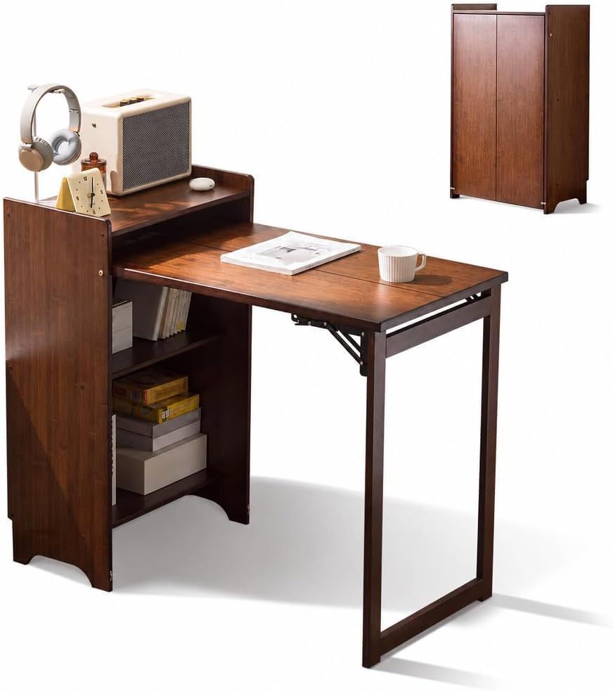 Home Office Hideaway Desk - 수납 선반이 있는 대나무 접이식 책상,